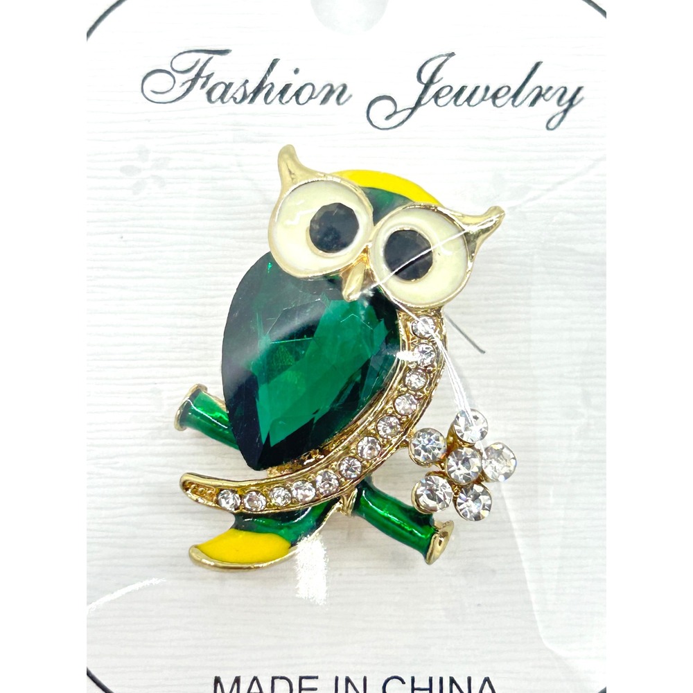 Fashion Jewelry Green Crystal Owl Brooch Rhinestone Enamel Gold Tone Bird Pin